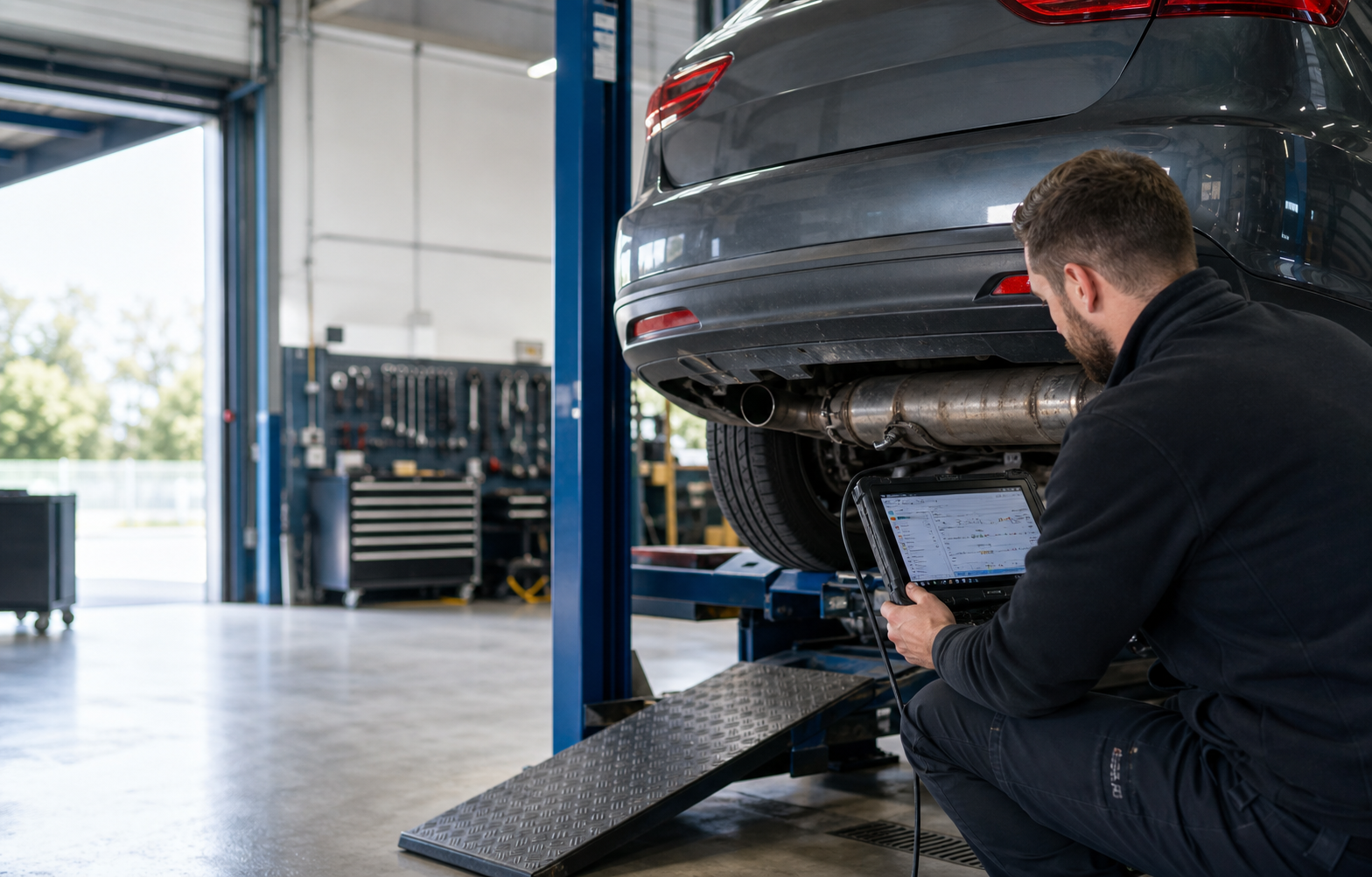 Technician diagnosing a diesel exhaust and DPF system in a workshop